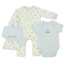 J13910: Baby Blue Transport Waffle Fabric 5 Piece Net Bag Gift Set (0-9 Months)